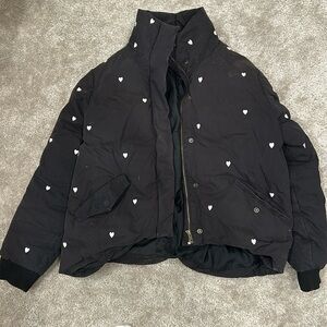 The Great Heart Puffer Coat Size S Black White Embroidered